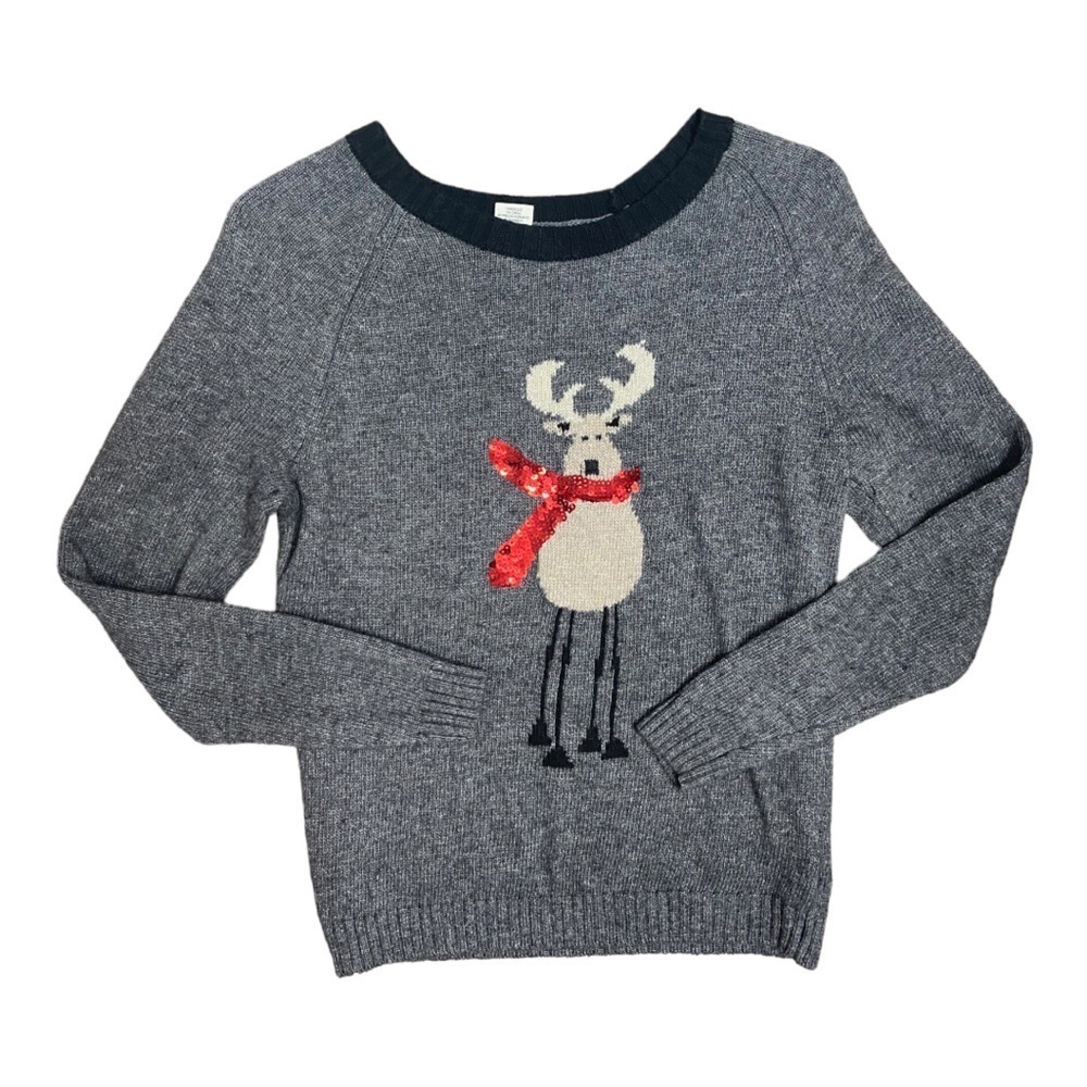 Artisan Ny Women’s Grey Long Sleeve Reindeer Sequin Holiday Sweater Size Medium